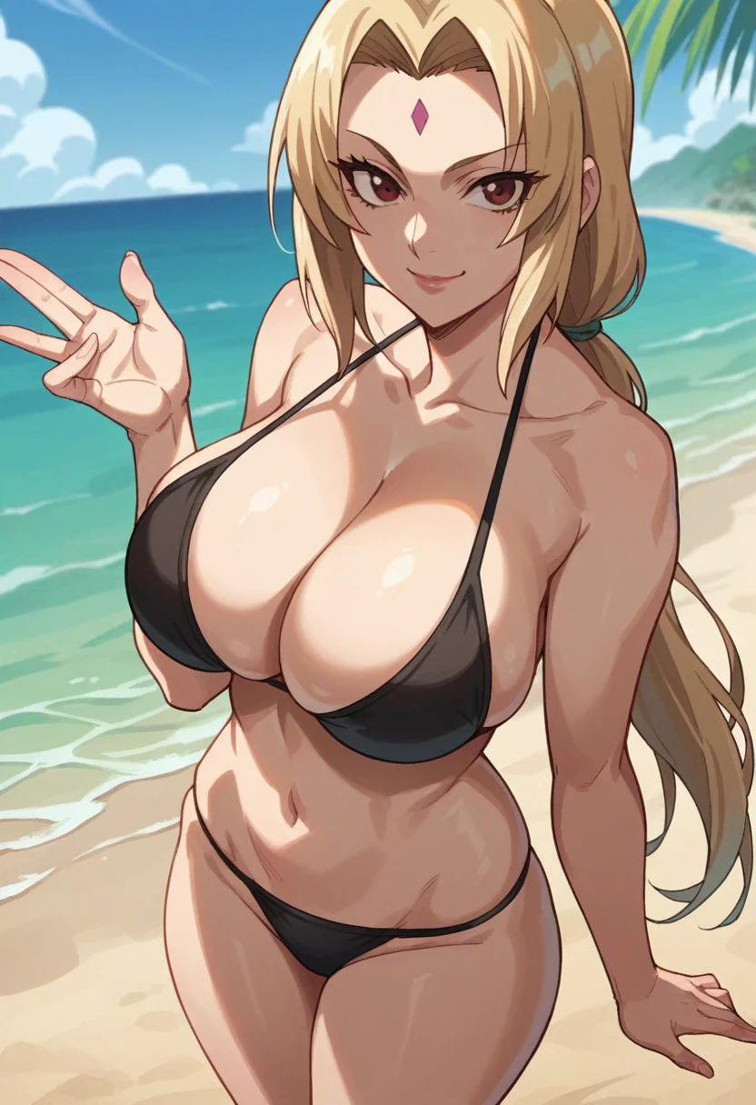 score_9 score_8_up, score_7_up, source_anime, anime screencap, clear face, Tsunade, blonde hair, brown eyes, low ponytail, long hair, large breasts, cleavage, black bikini, standing, looking at viewer, beach, smile, various angle