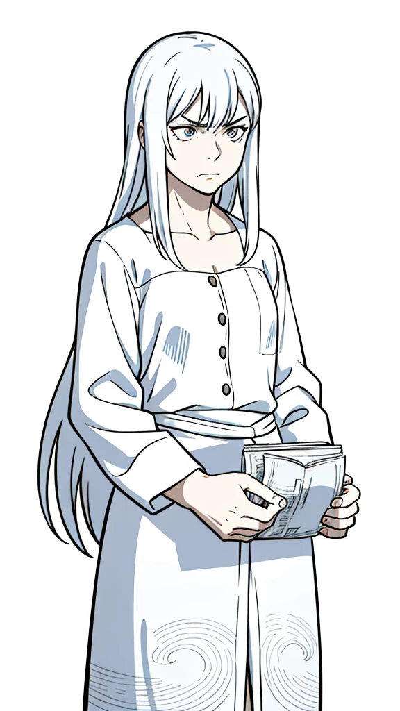 1old woman,(solo),40 years old,(white background,line drawing),(naked),long hair,white hair,angry,cowboy shot