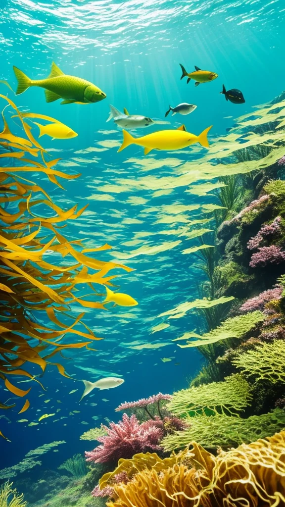 there is a fish that is swimming in the water, a picture by Robert Brackman, flickr, fine art, kelp forest, kelp and moss all over, floating kelp, underwater soft colours, underwater plants, kelp, underwater landscape, sea kelp, under water scenery, tall kelp, with seaweed, underwater life, underwater perspective