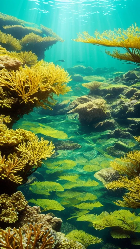 there is a fish that is swimming in the water, kelp forest, kelp and moss all over, floating kelp, underwater soft colours, by Robert Brackman, underwater plants, kelp, by Peter Scott, underwater landscape, sea kelp, under water scenery, by Tom Scott RSA, tall kelp, by Dietmar Damerau, by Alison Watt