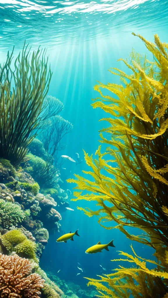 there is a fish that is swimming in the water, a picture by Robert Brackman, flickr, fine art, kelp forest, kelp and moss all over, floating kelp, underwater soft colours, underwater plants, kelp, underwater landscape, sea kelp, under water scenery, tall kelp, with seaweed, underwater life, underwater perspective