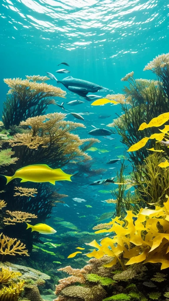 there is a fish that is swimming in the water, a picture by Robert Brackman, flickr, fine art, kelp forest, kelp and moss all over, floating kelp, underwater soft colours, underwater plants, kelp, underwater landscape, sea kelp, under water scenery, tall kelp, with seaweed, underwater life, underwater perspective