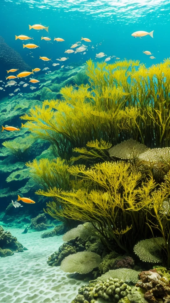 there is a fish that is swimming in the water, a picture by Robert Brackman, flickr, fine art, kelp forest, kelp and moss all over, floating kelp, underwater soft colours, underwater plants, kelp, underwater landscape, sea kelp, under water scenery, tall kelp, with seaweed, underwater life, underwater perspective