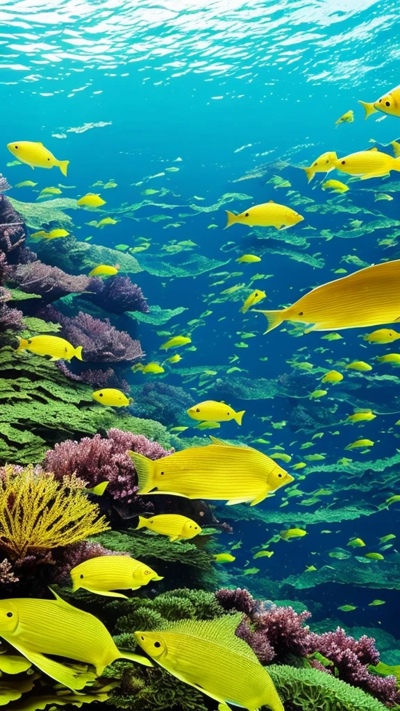 there is a fish that is swimming in the water, a picture by Robert Brackman, flickr, fine art, kelp forest, kelp and moss all over, floating kelp, underwater soft colours, underwater plants, kelp, underwater landscape, sea kelp, under water scenery, tall kelp, with seaweed, underwater life, underwater perspective