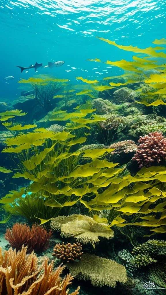 there is a fish that is swimming in the water, a picture by Robert Brackman, flickr, fine art, kelp forest, kelp and moss all over, floating kelp, underwater soft colours, underwater plants, kelp, underwater landscape, sea kelp, under water scenery, tall kelp, with seaweed, underwater life, underwater perspective