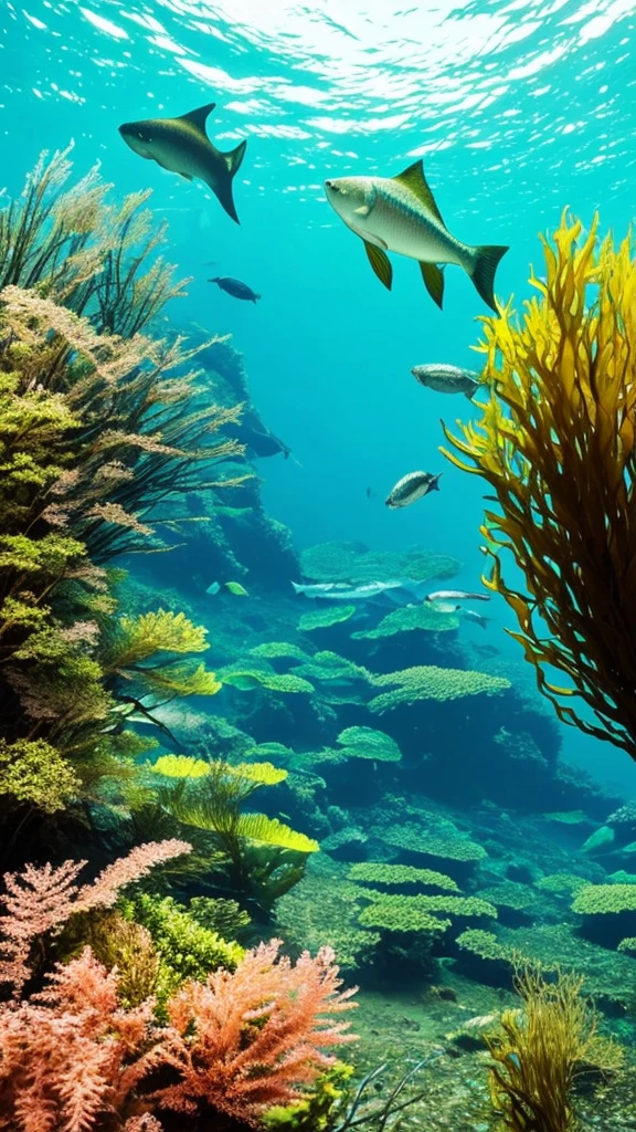 there is a fish that is swimming in the water, a picture by Robert Brackman, flickr, fine art, kelp forest, kelp and moss all over, floating kelp, underwater soft colours, underwater plants, kelp, underwater landscape, sea kelp, under water scenery, tall kelp, with seaweed, underwater life, underwater perspective