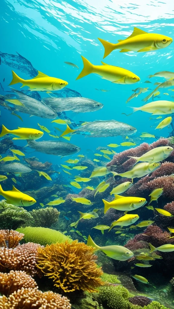 there is a fish that is swimming in the water, kelp forest, kelp and moss all over, floating kelp, underwater soft colours, by Robert Brackman, underwater plants, kelp, by Peter Scott, underwater landscape, sea kelp, under water scenery, by Tom Scott RSA, tall kelp, by Dietmar Damerau, by Alison Watt