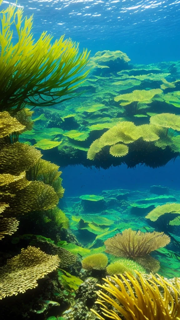there is a fish that is swimming in the water, a picture by Robert Brackman, flickr, fine art, kelp forest, kelp and moss all over, floating kelp, underwater soft colours, underwater plants, kelp, underwater landscape, sea kelp, under water scenery, tall kelp, with seaweed, underwater life, underwater perspective