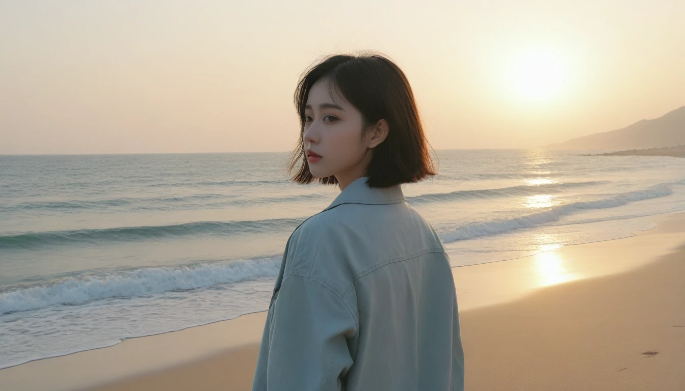 8K, Vivid picture quality, The picture quality is vivid, Realistic and perfect picture quality, long deserted beach, sunset 뷰어, short hair that touches the shoulders and covers the neck, sunset의 붉은 빛, sunset, alone, afternoon, depressed, tide가 밀려온다, ocean, tide, wind, short korean girl, thick shirt, jeans, light trench coat, 잔잔한 tide