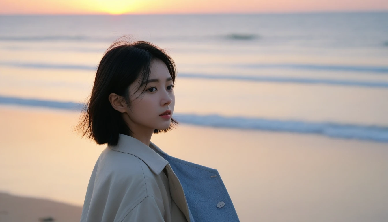 8K, Vivid picture quality, The picture quality is vivid, Realistic and perfect picture quality, long deserted beach, sunset 뷰어, short hair that touches the shoulders and covers the neck, sunset의 붉은 빛, sunset, alone, afternoon, depressed, tide가 밀려온다, ocean, tide, wind, short korean girl, thick shirt, jeans, light trench coat, 잔잔한 tide