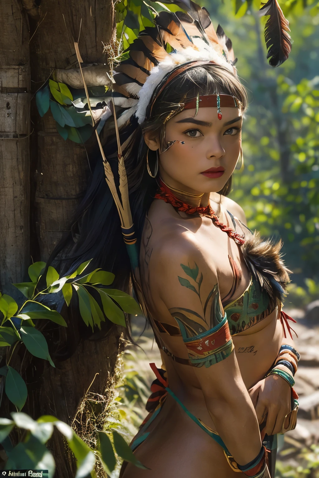 A young woman of radiant beauty, the most beautiful Cabocla Jurema in the world, , indigenous, with feathers on the head, long straight hair falls over her shoulders, ((magnetic green eyes)), ((square face and sunken chin)) , ((strong expression of a warrior)), Sexy and sensual, indigenous body paintings, Body and beauty of a goddess, Half-naked ((wearing wild animal skins)), ((with bow and arrow on his back)),( (in the background a holy temple in the middle of a forest on a full moon night))
