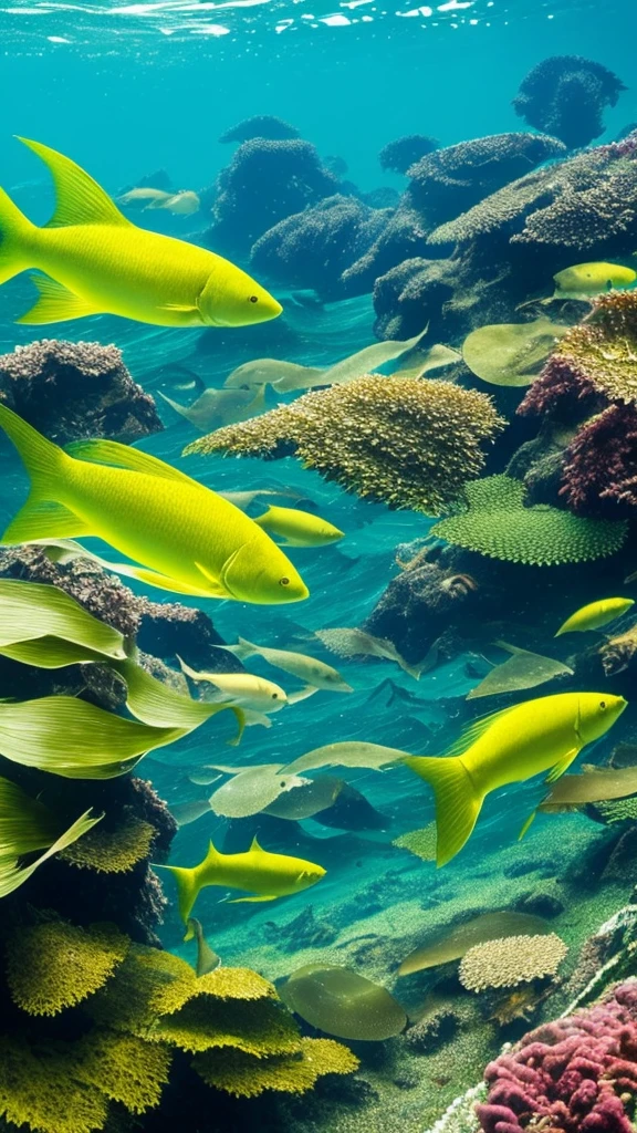 there is a fish that is swimming in the water, a picture by Robert Brackman, flickr, fine art, kelp forest, kelp and moss all over, floating kelp, underwater soft colours, underwater plants, kelp, underwater landscape, sea kelp, under water scenery, tall kelp, with seaweed, underwater life, underwater perspective