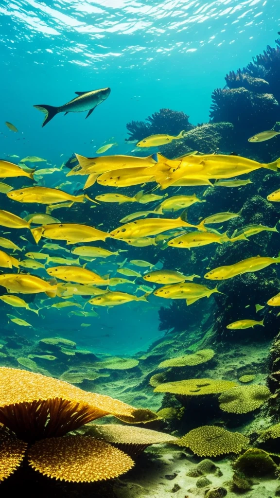 there is a fish that is swimming in the water, a picture by Robert Brackman, flickr, fine art, kelp forest, kelp and moss all over, floating kelp, underwater soft colours, underwater plants, kelp, underwater landscape, sea kelp, under water scenery, tall kelp, with seaweed, underwater life, underwater perspective