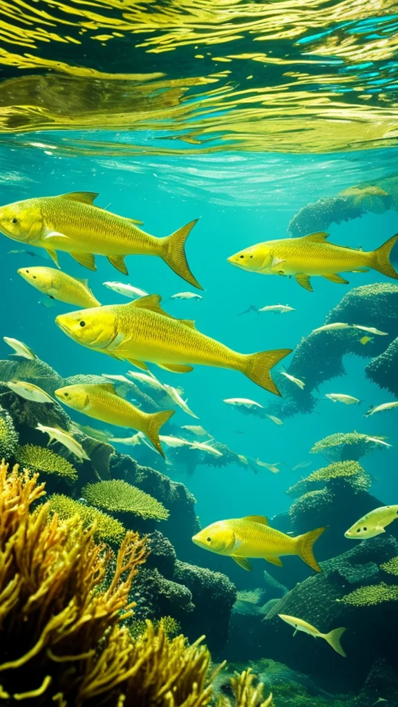 there is a fish that is swimming in the water, a picture by Robert Brackman, flickr, fine art, kelp forest, kelp and moss all over, floating kelp, underwater soft colours, underwater plants, kelp, underwater landscape, sea kelp, under water scenery, tall kelp, with seaweed, underwater life, underwater perspective
