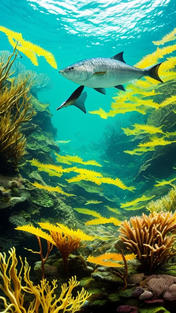 there is a fish that is swimming in the water, a picture by Robert Brackman, flickr, fine art, kelp forest, kelp and moss all over, floating kelp, underwater soft colours, underwater plants, kelp, underwater landscape, sea kelp, under water scenery, tall kelp, with seaweed, underwater life, underwater perspective
