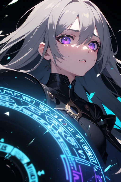 (masterpiece, Highest quality, Super detailed, Best Shadow), (Detailed Background,Dark fantasy), (Beautifully detailed face), High Contrast, (Best lighting, Very delicate and beautiful), ((Cinematic Light)), colorful, Hyper Detail, Dramatic Light, Intricate details, (One girl, alone,Gray Hair, Sharp Face, Purple eyes, Hair between the eyes, Dynamic Angle), Blood splatter, (Black light swirling around the character:1.5), Depth of written boundary, black light particles, (Broken glass), Magic circle naked