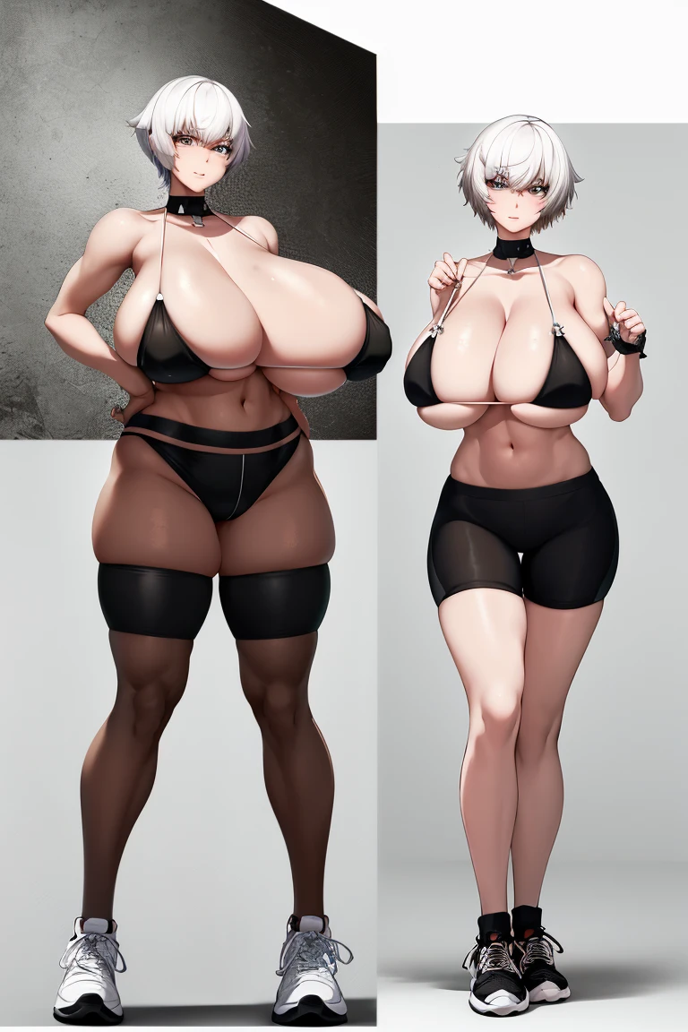A woman，White short hair，Black eyes，Cow sports shorts，Bikini，Long legs，Nipple protrusion，Twenties，exposed，Sneakers，Huge breasts，超级Huge breasts，Standing