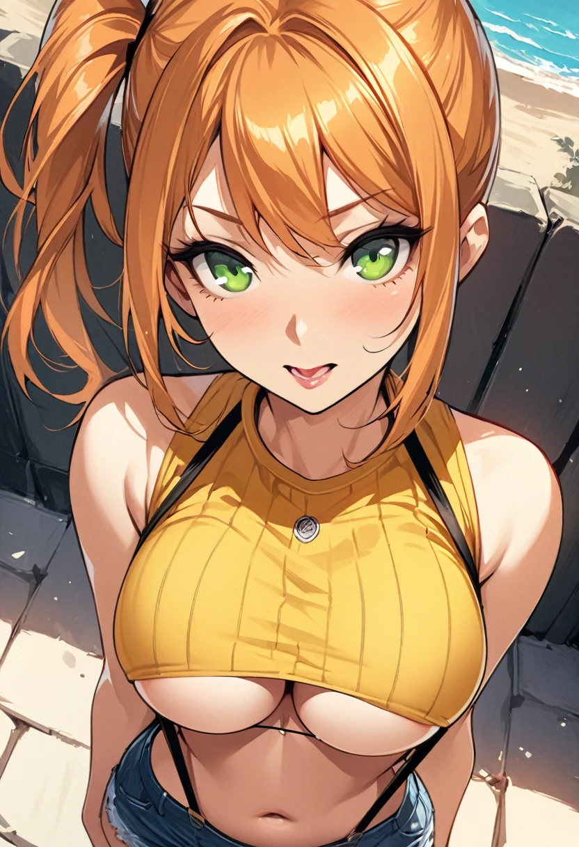 score_9,score_8_up, score_7_up,source_anime.superior,from above,front view,straight-on. .,mediumshot, masterpiece,bestquality, Highest quality, (mature) ,(One girl:1.2), Outdoor, Green Eyes, Orange Hair, Side Ponytail, Yellow Shirt, Sleeveless shirt,belly button, Denim shorts, suspenders, Captivating look, Seductive expressions, slender, delicate curves, ,(under_boob),(superfineillustration,finely detail),(absurdres),,mid