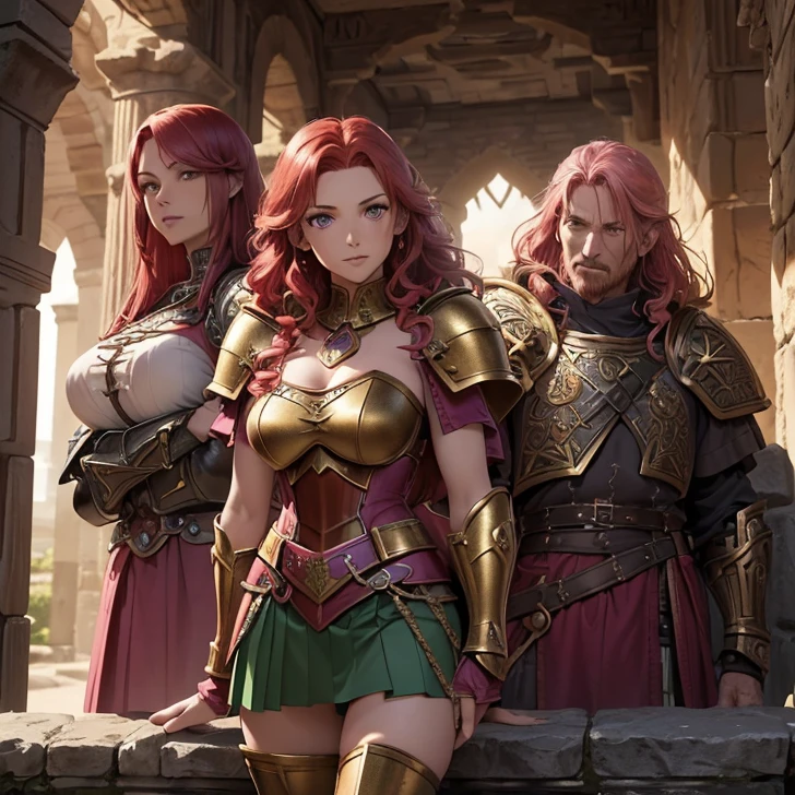(absurdres, high fantasy artwork, best high quality image, carefuly detailed, very detailed features and textures, lone character, warcraft-aesthetic)
{{(1character: 60 years old scarlet-red haired barbarian woman milf, (long curly red hair, purple eyes, confident demeanor, brave smile) (green paladin armor, golden bulky shoulder plates, green armor plate, pink scottish scuared skirt), (Stone irish castle tower with ancient greek forniture and celtic forniture)}}