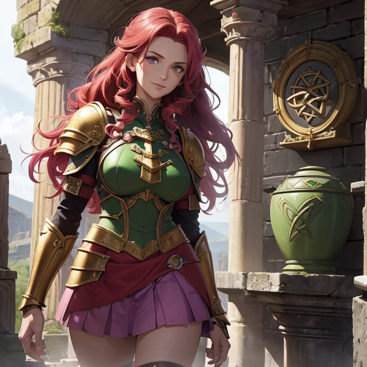 (absurdres, high fantasy artwork, best high quality image, carefuly detailed, very detailed features and textures, view solo character)
{{(1character: 60 years old scarlet-red haired barbarian woman milf, (long curly red hair, purple eyes, confident demeanor, brave smile) (green paladin armor, golden bulky shoulder plates, green armor plate, pink scottish scuared skirt), (Stone irish castle tower with ancient greek forniture and celtic forniture)}}