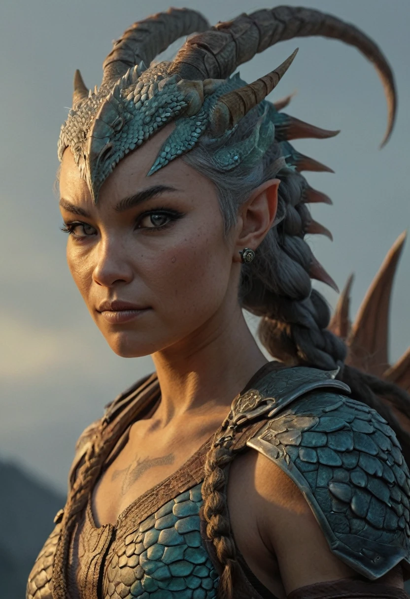 ((full body))Hyperrealistic art female human dragon hybrid, covered in matte scales as skin, extreme close-up, striking reptilian eyes, dragon horns, bald, braided ponytail, exudes confidence and power, sunet, rim lighting, cold colors. style of Don Lawrence, style of (Will Murai:1.2), style of (Greg Rutkowski:0.8), . Extremely high-resolution details, photographic, realism pushed to extreme, fine texture, incredibly lifelike