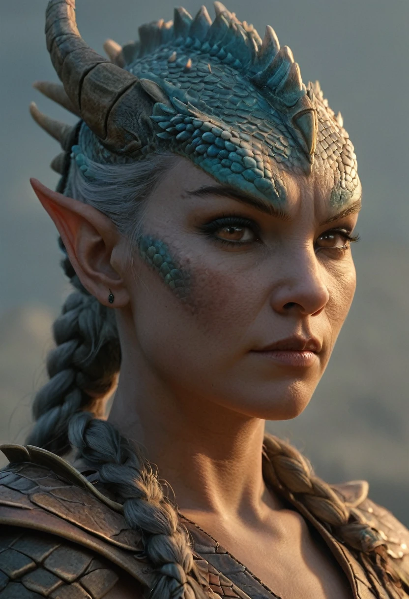 ((full body))Hyperrealistic art female human dragon hybrid, covered in matte scales as skin, extreme close-up, striking reptilian eyes, dragon horns, bald, braided ponytail, exudes confidence and power, sunet, rim lighting, cold colors. style of Don Lawrence, style of (Will Murai:1.2), style of (Greg Rutkowski:0.8), . Extremely high-resolution details, photographic, realism pushed to extreme, fine texture, incredibly lifelike
