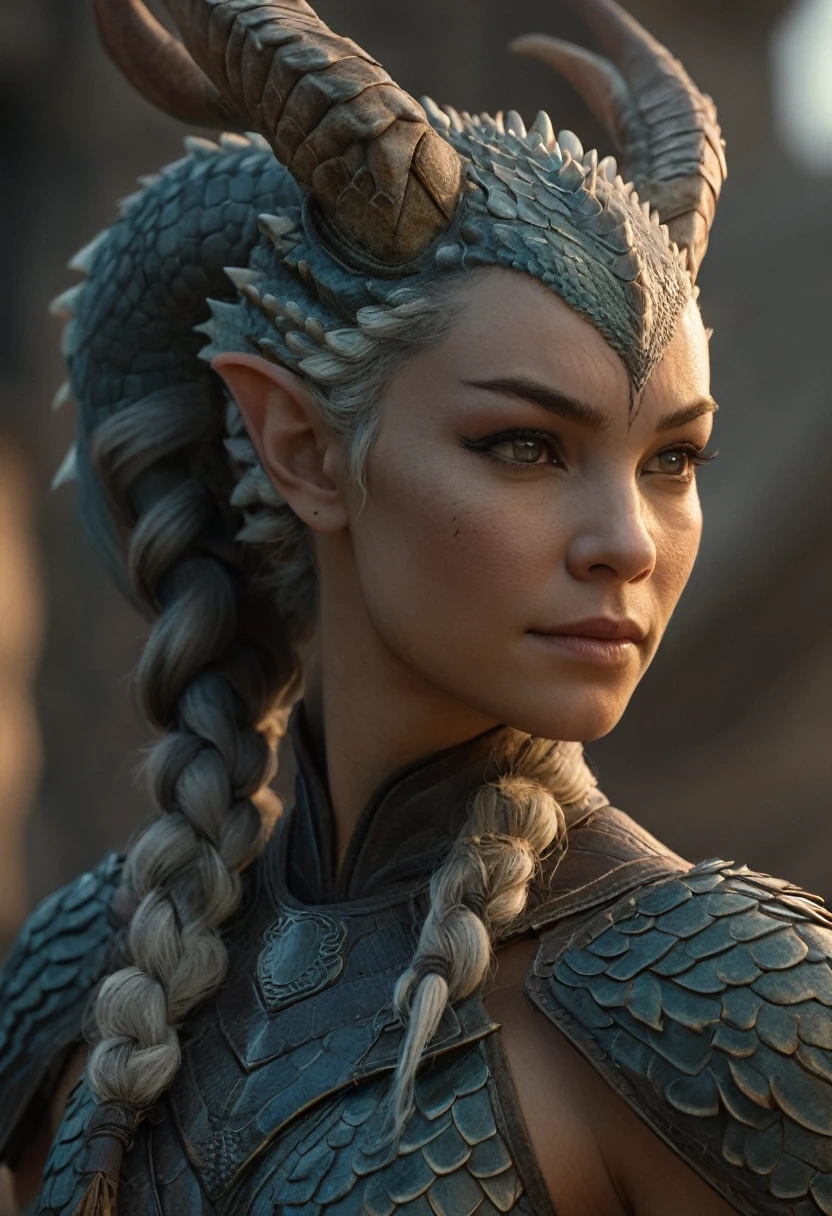 ((full body))Hyperrealistic art female human dragon hybrid, covered in matte scales as skin, extreme close-up, striking reptilian eyes, dragon horns, bald, braided ponytail, exudes confidence and power, sunet, rim lighting, cold colors. style of Don Lawrence, style of (Will Murai:1.2), style of (Greg Rutkowski:0.8), . Extremely high-resolution details, photographic, realism pushed to extreme, fine texture, incredibly lifelike