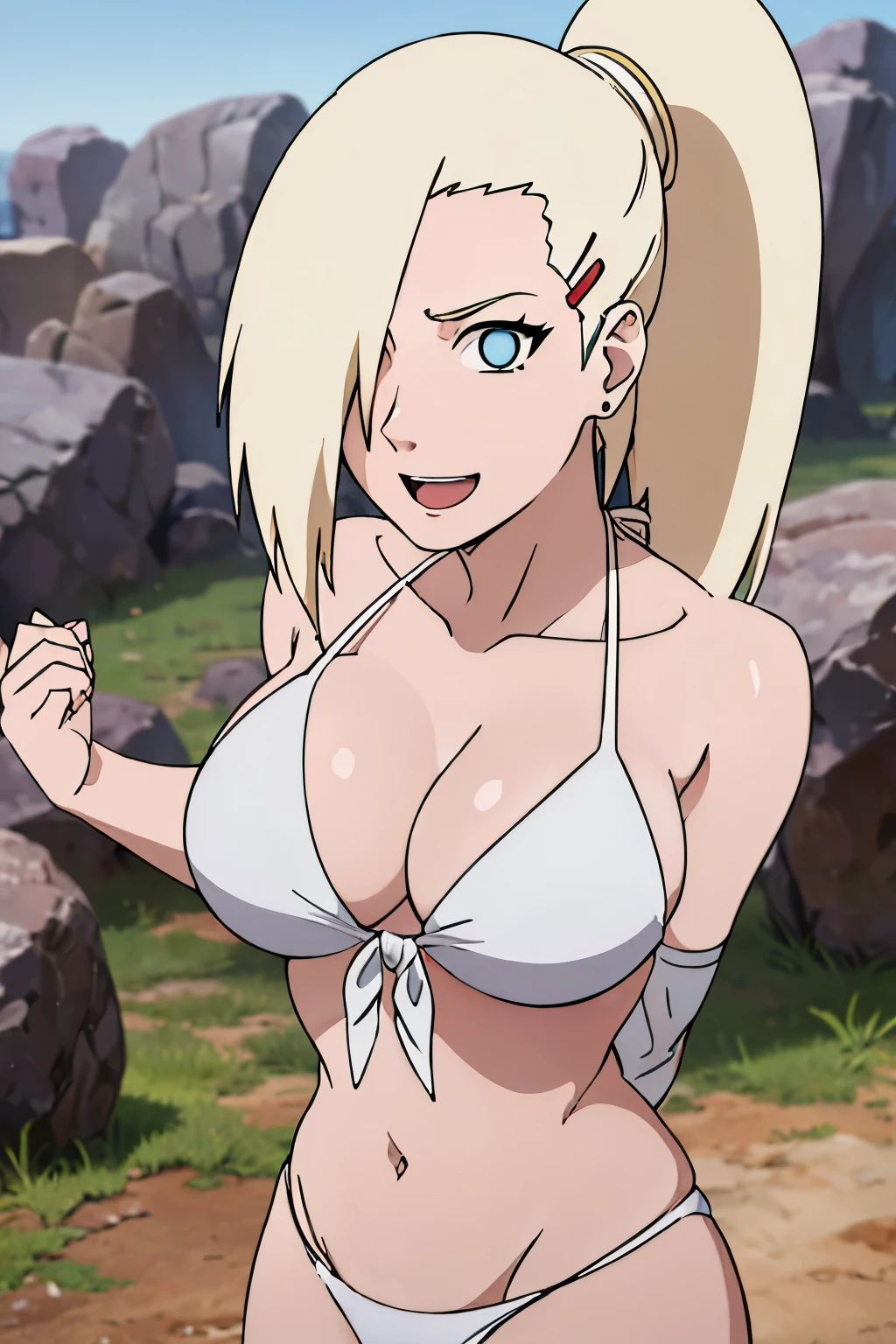 (White bikini:1.5), Ino yamanaka, looking at the viewer, gorgeous, attractive, groin, cowboy shot, ultra detailed face, sunny day, day time, upper body view, anime style, solo, detailed flower field, blonde, (focus on breasts), ((one eye covered with hair, hair over eye, ponytail)), medium breasts, belly button, looking at the viewer, thick arms, (off-shoulders, wide shoulders, curving body), hidden eye, smile, open mouth, very happy, tall, hair clip, sharp look, sharp face, sharp eye, cold colors,
