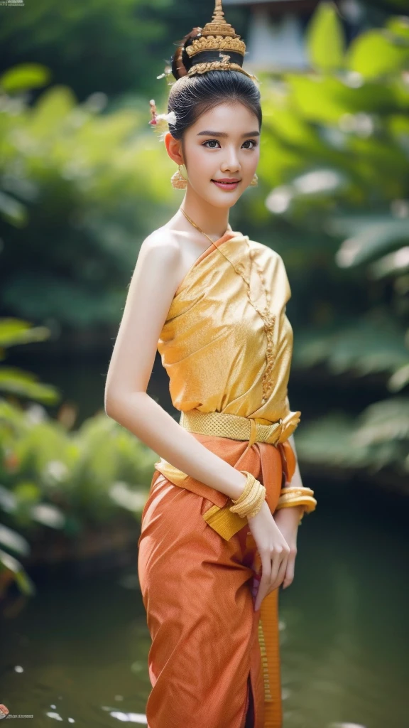 beautiful girl ,Thai women&#39;warrior, walking at thai measure, dynamic poses, Thai chat set, Strapless shirt, long hair,black eyes,abdominal muscles, plump body, rounded chest, (big breast:1.3), rift, morning sun, staring at the audience, (sexy poses), ((face details)), Double eyelids, That&#39;s finished., realistic, Masterpiece, Highest quality, lens flare, shade, old measure, measure, [[Chromatic aberration]], By Jeremy Lipking, By Antonio J.... Manzanedo, digital painting, HDR, high contrast
