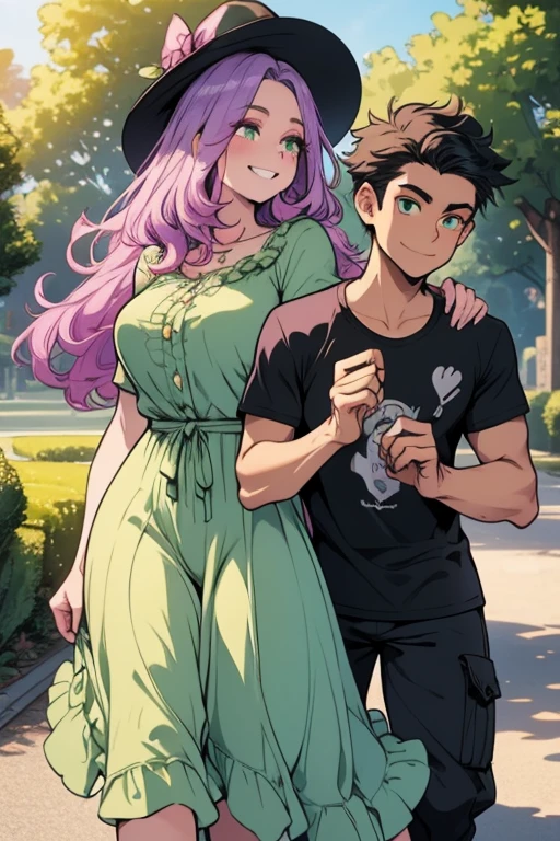 One man. One woman. Perfect face. Perfect hands. A light purple haired woman with green eyes with an hourglass figure and long hair in a frilly summer dress is walking with a black haired man with green eyes in a rolled up shirt and cargo pants with big smiles in the park.