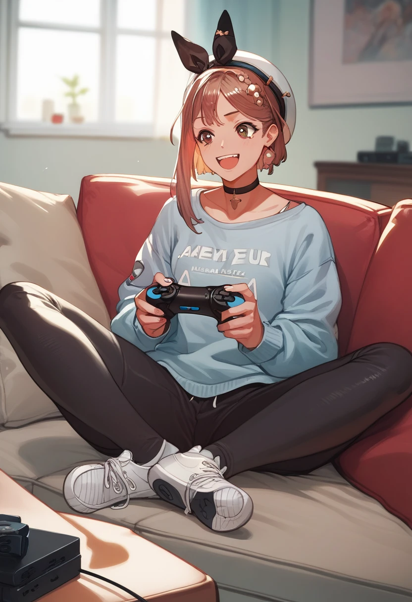 score_9, score_8_up, score_7_up, score_6_up, score_5_up, score_4_up
reisalin stout, choker, beret, streetwear, techwear, fashion,
playing games, playstation controller, excited, sitting, couch, living room