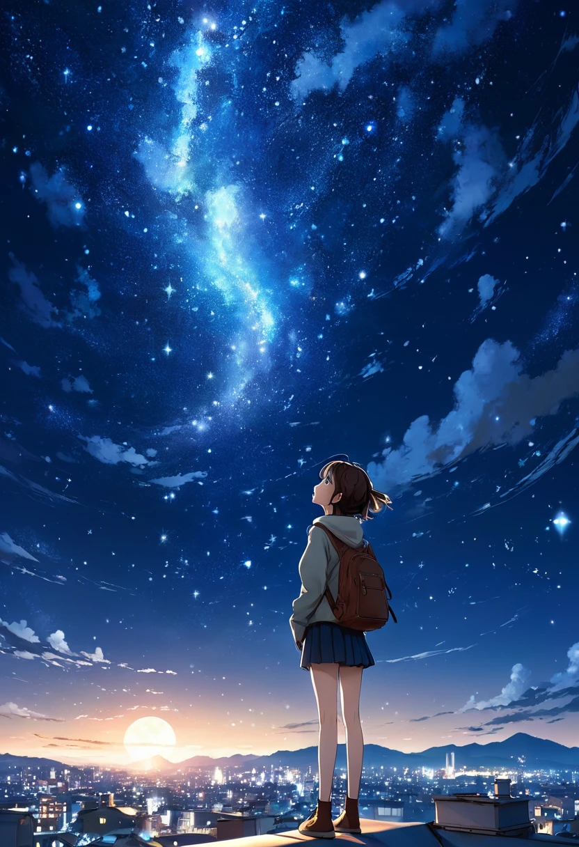 Anime girl standing on the roof looking up at the starry night sky, Anime Wallpaper 4k, Anime Wallpaper 4 k, 4k Anime Wallpaper, anime art wallpaper 8 k, Anime Art Wallpaper 4K, Anime Art Wallpaper 4K, Anime style 4k, Shinkai Makoto Cyril Rolando, 4k comics wallpaper, Anime Wallpaper, Amazing wallpapers, meteor