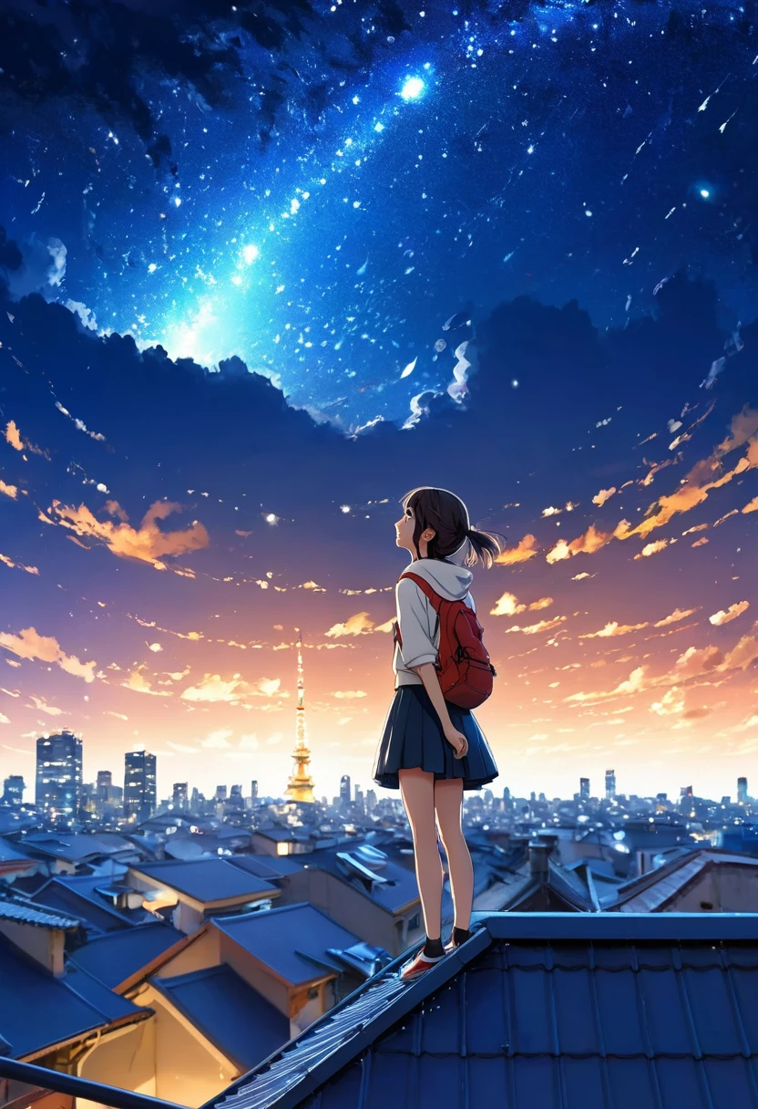 Anime girl standing on the roof looking up at the starry night sky, Anime Wallpaper 4k, Anime Wallpaper 4 k, 4k Anime Wallpaper, anime art wallpaper 8 k, Anime Art Wallpaper 4K, Anime Art Wallpaper 4K, Anime style 4k, Shinkai Makoto Cyril Rolando, 4k comics wallpaper, Anime Wallpaper, Amazing wallpapers, meteor