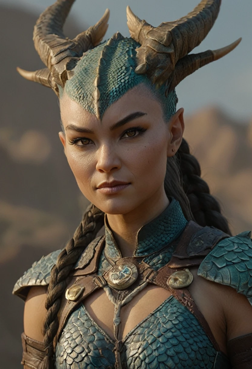 ((full body))Hyperrealistic art female human dragon hybrid, covered in matte scales as skin, extreme close-up, striking reptilian eyes, dragon horns, bald, braided ponytail, exudes confidence and power, sunet, rim lighting, cold colors. style of Don Lawrence, style of (Will Murai:1.2), style of (Greg Rutkowski:0.8), . Extremely high-resolution details, photographic, realism pushed to extreme, fine texture, incredibly lifelike
