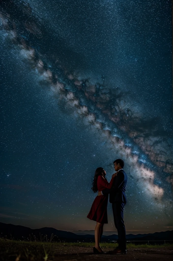 While looking at the beautiful sky with all kinds of stars at night, a matching couple hugs each other