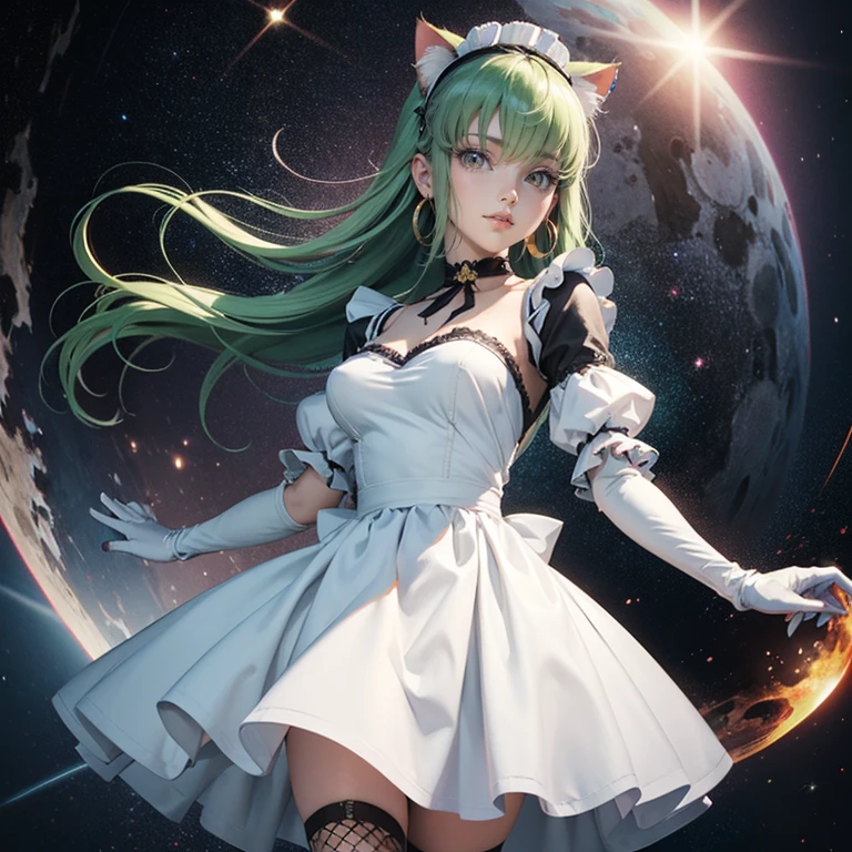 1girl, white maid dress, jewelry, green hair, long hair, flowing hair, maid dress with a short skirt and layers, white laces, white boots, white dress with transparency, gold details on her clothes, cat ears, animal ears, blue tie, more details, perfectly body, perfectly hands, two hands, two legs, two arms, five fingers, glowing hair, best quality, cat ears, animal ears, tail ornament, tail bow, white gloves, two cat tail, white gloves, alone, maid headdress, choker, detached sleeves, maid dress, maid white dress, strapless, masterpeice, best quality, detailed face, night, asymmetrical gloves, bangs, white short skirt , white gloves, white boots, earrings, elbow gloves, fishnet thighhighs, fishmasterpeice, solo, best quality, detailed face, gloves, green eyes, green hair, hair between eyes, jewelry, long hair, looking at viewer, single earring, sky, sleeveless, solo, thigh boots, thighhighs, uneven gloves, solo, alone, Looking at the viewer, More details on the clothes, magenta roses on her hair, space scenery, maid, maid dress, magenta details, magenta roses, maid headdress, maid apron, wave hair, seat on the Saturn rings, bats details on her clothes, more details on her clothes, gold details on her clothes, space, smiling, standing her hand to a viewer, looking at the viewer, in the background a several asteroids glowing with fiery auras, Dramatic lighting from distant stars and planets illuminates the scene, looking at the vast and mysterious universe, cowboy shot, upper body portrait, more details, sparkle,