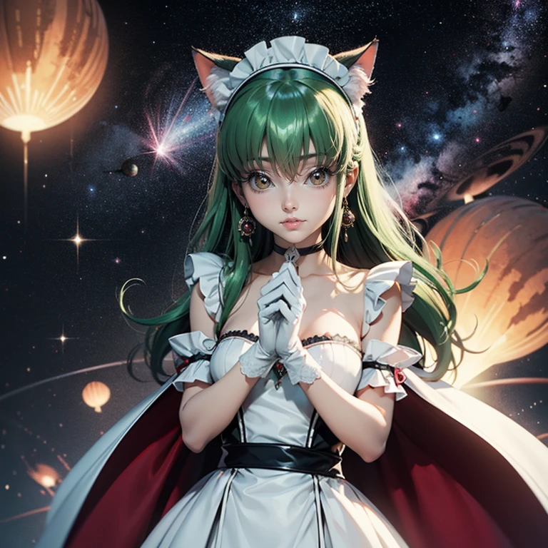 1girl, white maid dress, jewelry, green hair, long hair, flowing hair, maid dress with a short skirt and layers, white laces, white boots, white dress with transparency, gold details on her clothes, cat ears, animal ears, blue tie, more details, perfectly body, perfectly hands, two hands, two legs, two arms, five fingers, glowing hair, best quality, cat ears, animal ears, tail ornament, tail bow, white gloves, two cat tail, white gloves, alone, maid headdress, choker, detached sleeves, maid dress, maid white dress, strapless, masterpeice, best quality, detailed face, night, asymmetrical gloves, bangs, white short skirt , white gloves, white boots, earrings, elbow gloves, fishnet thighhighs, fishmasterpeice, solo, best quality, detailed face, gloves, green eyes, green hair, hair between eyes, jewelry, long hair, looking at viewer, single earring, sky, sleeveless, solo, thigh boots, thighhighs, uneven gloves, solo, alone, Looking at the viewer, More details on the clothes, magenta roses on her hair, space scenery, maid, maid dress, magenta details, magenta roses, maid headdress, maid apron, wave hair, seat on the Saturn rings, bats details on her clothes, more details on her clothes, gold details on her clothes, space, smiling, standing her hand to a viewer, looking at the viewer, in the background a several asteroids glowing with fiery auras, Dramatic lighting from distant stars and planets illuminates the scene, looking at the vast and mysterious universe, cowboy shot, upper body portrait, more details, sparkle,