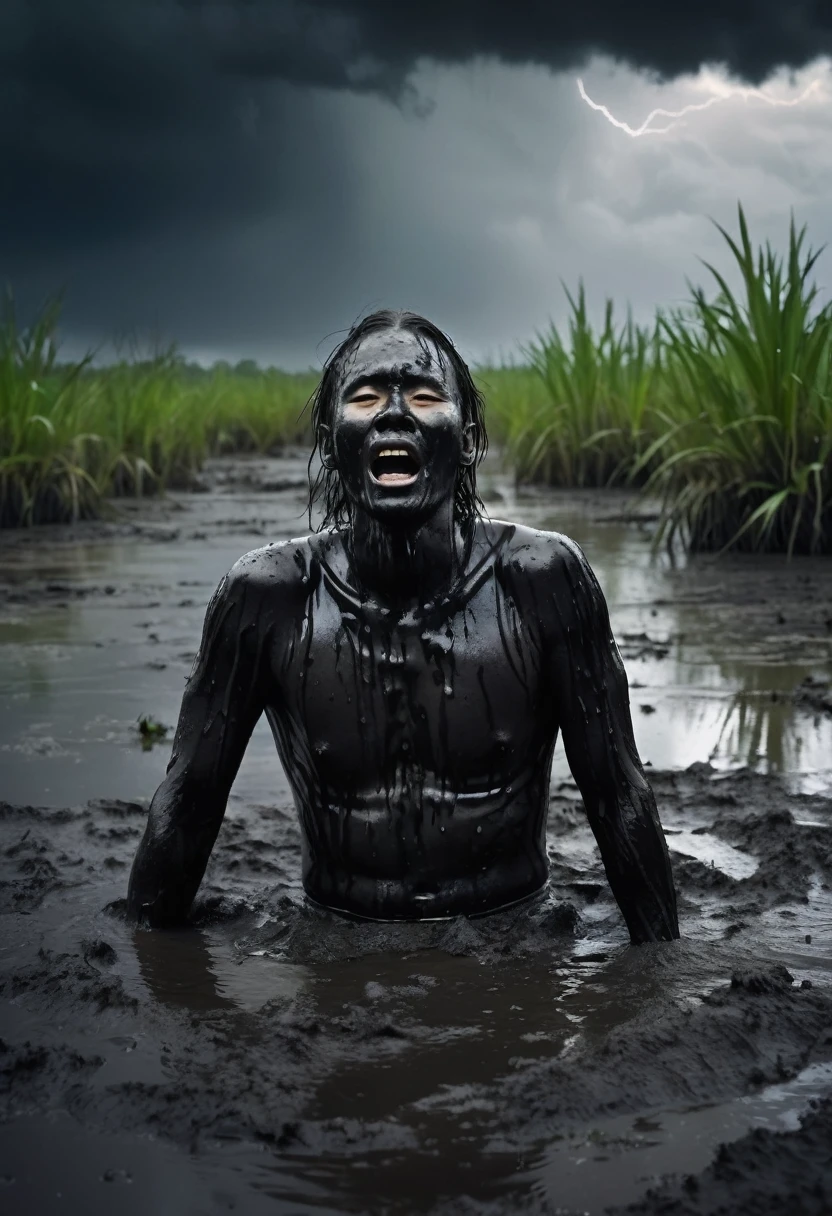 spirit of a man, sinking in black mud, in a dark swamp, the man's appearance is decrepit, as if he were a living dead, the sky is dark with heavy clouds and thunder.