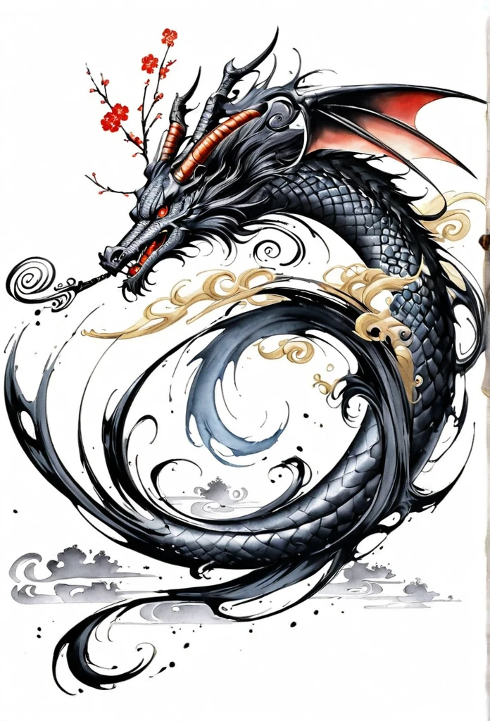 Luxury Japanese restaurant logo
watercolor style
A black dragon swirling and painted with a brush
White and black only
Pretty cool
chic and modern design
White background