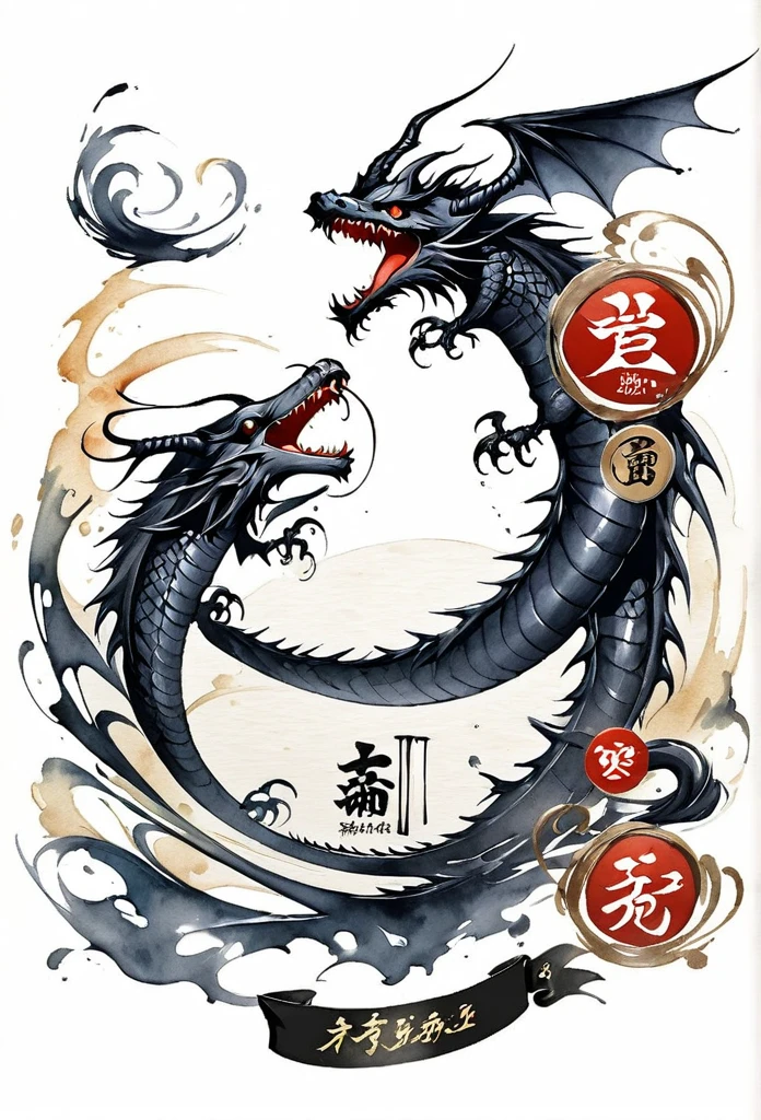 Luxury Japanese restaurant logo
watercolor style
A black dragon swirling and painted with a brush
White and black only
Pretty cool
chic and modern design
White background
