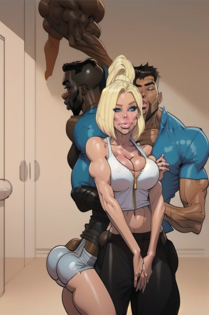 A blonde woman and a man with black hair, the woman wears a blue tank top, with defined breasts and cleavage, wearing short shorts with an open zipper, with a muscular man in a white tank top hugging her from behind 