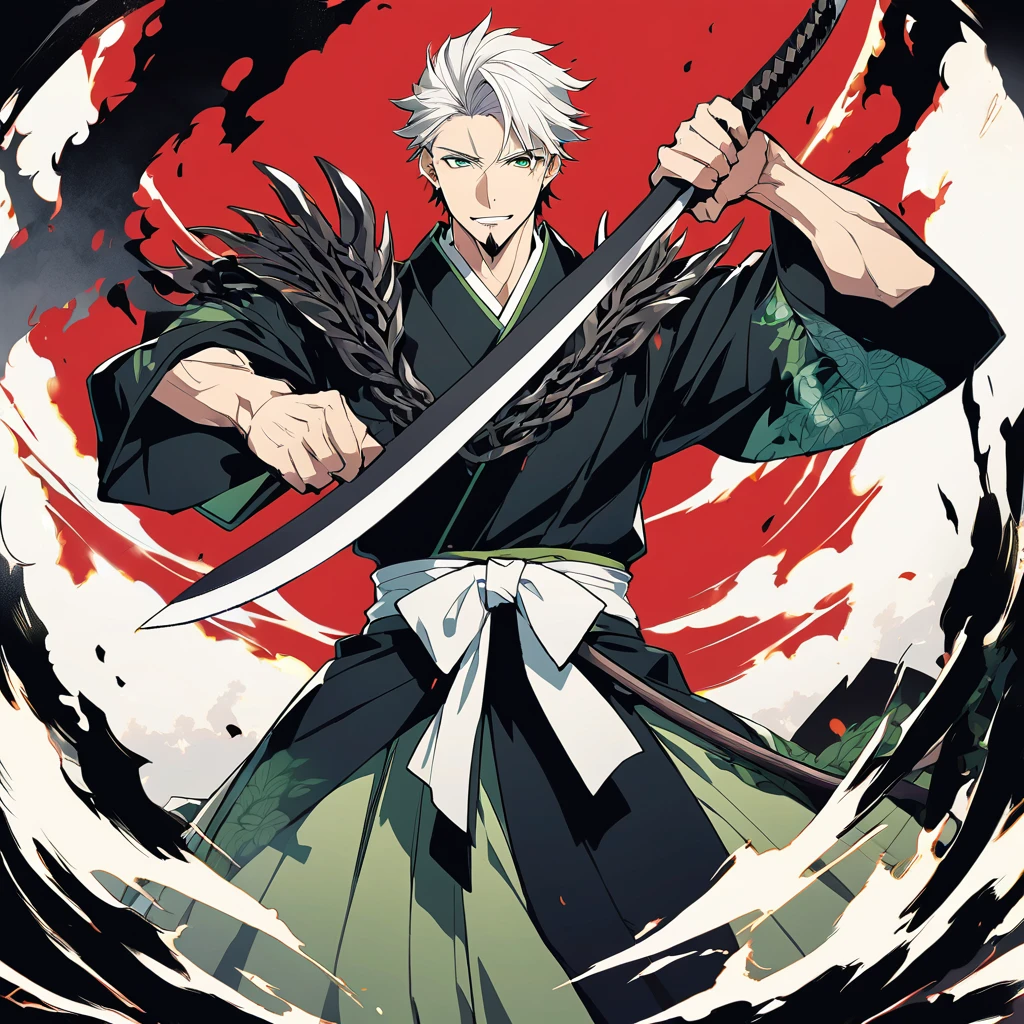 1 young boy, male focus, details Intricate, 1 men, bonitas, White hair, vibrant green eyes, slim muscles, アニメ, 19yearsold, 19 years, a small goatee, kimono de Shinigami, Shinigami, bleach style, bleach, regatta, kimono, bleach, bleach style, sickle ( uma sickle de tamanho mediano poderosa e afiada), sickle (fazendo cortes com a sickle saindo chamas pretas) chamapretass,Black flames, (o personagem esta em pé fazendo ataques com sua sickle mediana, using black fire attacks) .