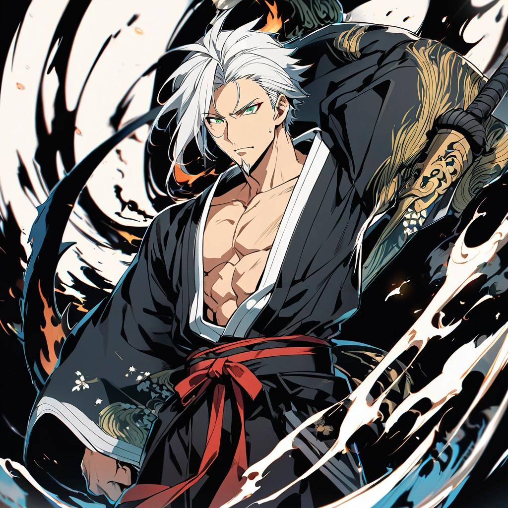 1 young boy, male focus, details Intricate, 1 men, bonitas, White hair, vibrant green eyes, slim muscles, アニメ, 19yearsold, 19 years, a small goatee, kimono de Shinigami, Shinigami, bleach style, bleach, regatta, kimono, bleach, bleach style, sickle ( uma sickle de tamanho mediano poderosa e afiada), sickle (fazendo cortes com a sickle saindo chamas pretas) chamapretass,Black flames, (o personagem esta em pé fazendo ataques com sua sickle mediana, using black fire attacks) .