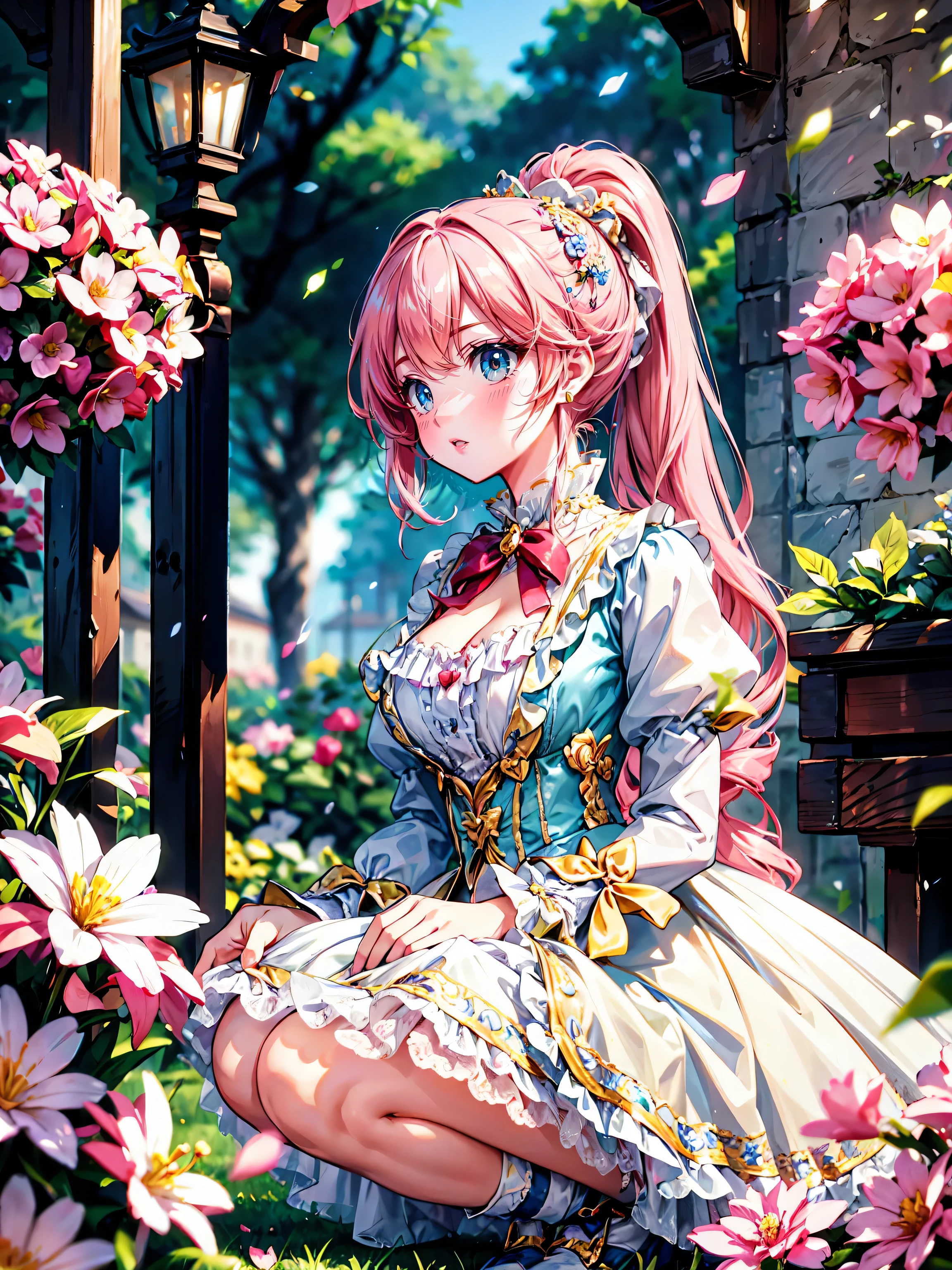 anime moe art style, ((Masterpiece, ultra detailed, exquisite quality)), (((young face solo princess))), (dress light yellow dress), (((ultra elaborate gorgeous rococo victorian gown with voluminous hoopskirt and long hems and lot of frills and pleats dense lace and cute ribbon, princess style skirt, ultra lovely gown))), (((hair pink hair))), ((fluffy long ponytail)), (Expressive very voluminous hair), ((huge breasts)), breasts cleavage, (((squatting, front view))), super delicate face, kawaii face, (hyper detail delicate eyes, hyper beautiful eyes), (eyes blue eyes), (((So lot's of colorful flowers))), ((face focus, eyes focus, blurry background:1.5)), (isometric 3D:1.3), particle effect,