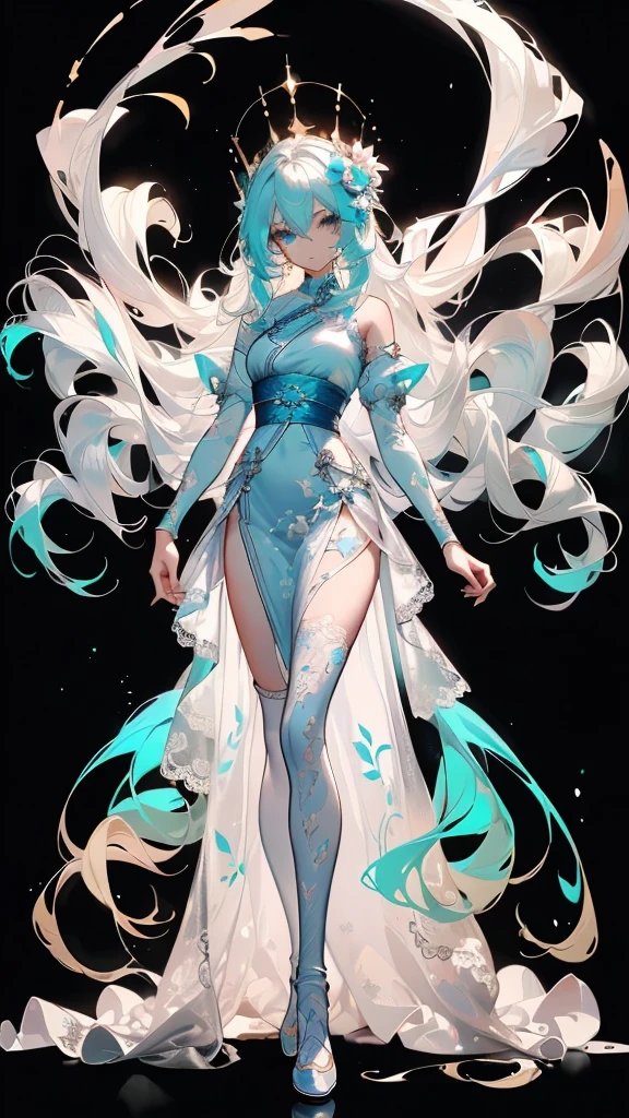 ((masterpiece, best quality)), Delicate face，Snake Woman，Full body painting，Perfect body proportions，Long legs，((Long wavy hair)), ((Half of her hair is white，The other half is cyan，Available in two colors))，beautiful eyes，Fantasy style，White background，transparent，cheongsam，Lace，Garter, transparent clothing 