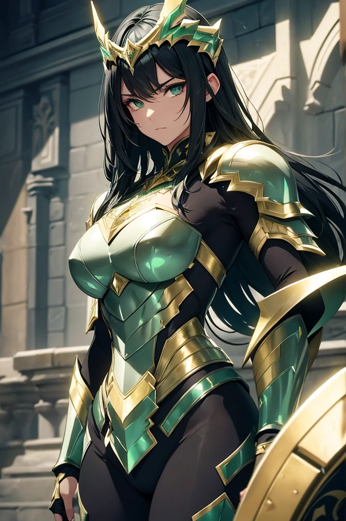 armor is graceful, with a greenish-silver shine and gold details reminiscent of nature, black hair, in gentle waves over your shoulders. Your carved face, with delicate features and a defined jawline and expressive green eyes, sexy armor without being vulgar