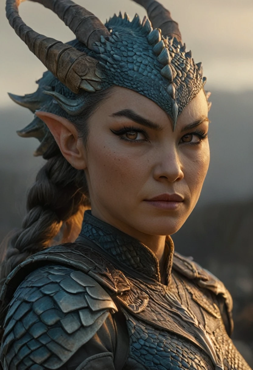 ((full body))Hyperrealistic art female human dragon hybrid, covered in matte scales as skin, extreme close-up, striking reptilian eyes, dragon horns, bald, braided ponytail, exudes confidence and power, sunet, rim lighting, cold colors. style of Don Lawrence, style of (Will Murai:1.2), style of (Greg Rutkowski:0.8), . Extremely high-resolution details, photographic, realism pushed to extreme, fine texture, incredibly lifelike