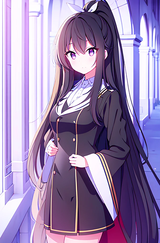 hair length about 5 meters girl long_hair black_hair tall black_uniform highschool 1girl high ponytail