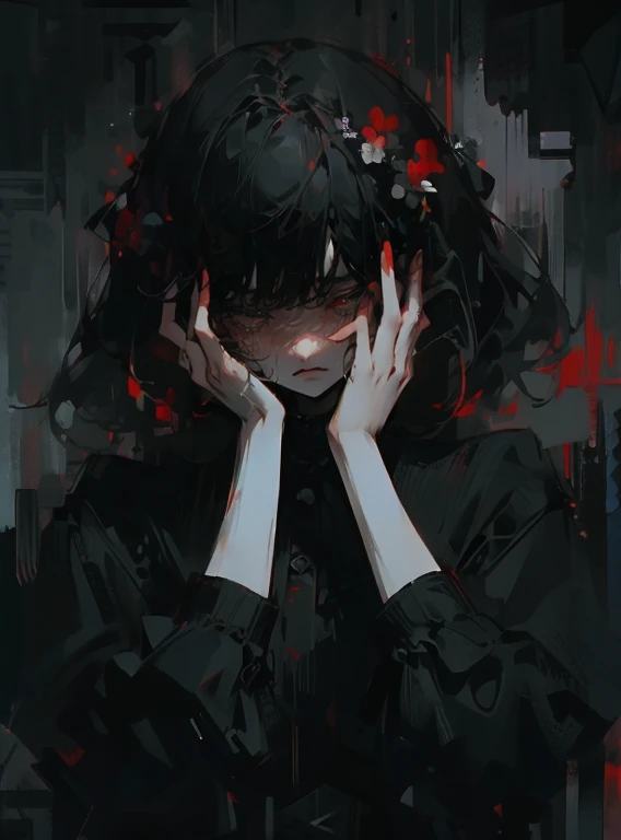 Girl, black, white, View opinion, Hands on face,Red death flowers, detailed eyes, detailed face and body, depressed, He is afraid, sad, Very very detailed, No mistakes, High accuracy