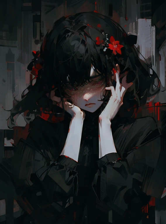 Girl, black, white, View opinion, Hands on face,Red death flowers, detailed eyes, detailed face and body, depressed, He is afraid, sad, Very very detailed, No mistakes, High accuracy 